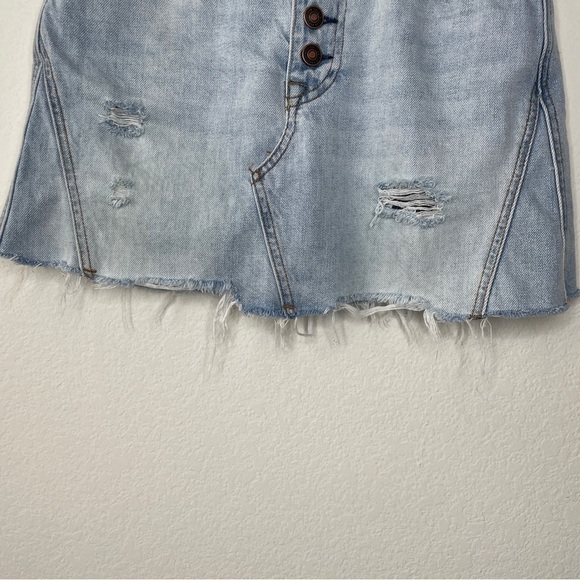 We The Free A-line Distressed Denim Blue Button Fly Mini Skirt - Picture 7 of 12